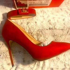 Red Hot Suede-Like Pump with Ankle Strap & Gold Hardware/clasp.